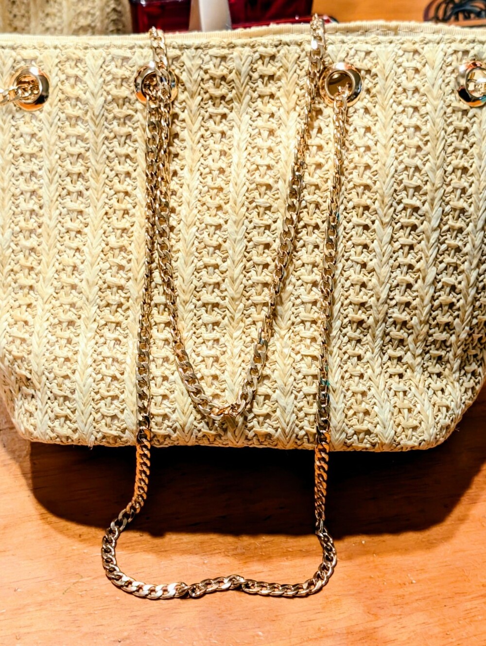 Lulus Woven Straw Tote Bag with Gold Chain Handles - Cream/Tan Color